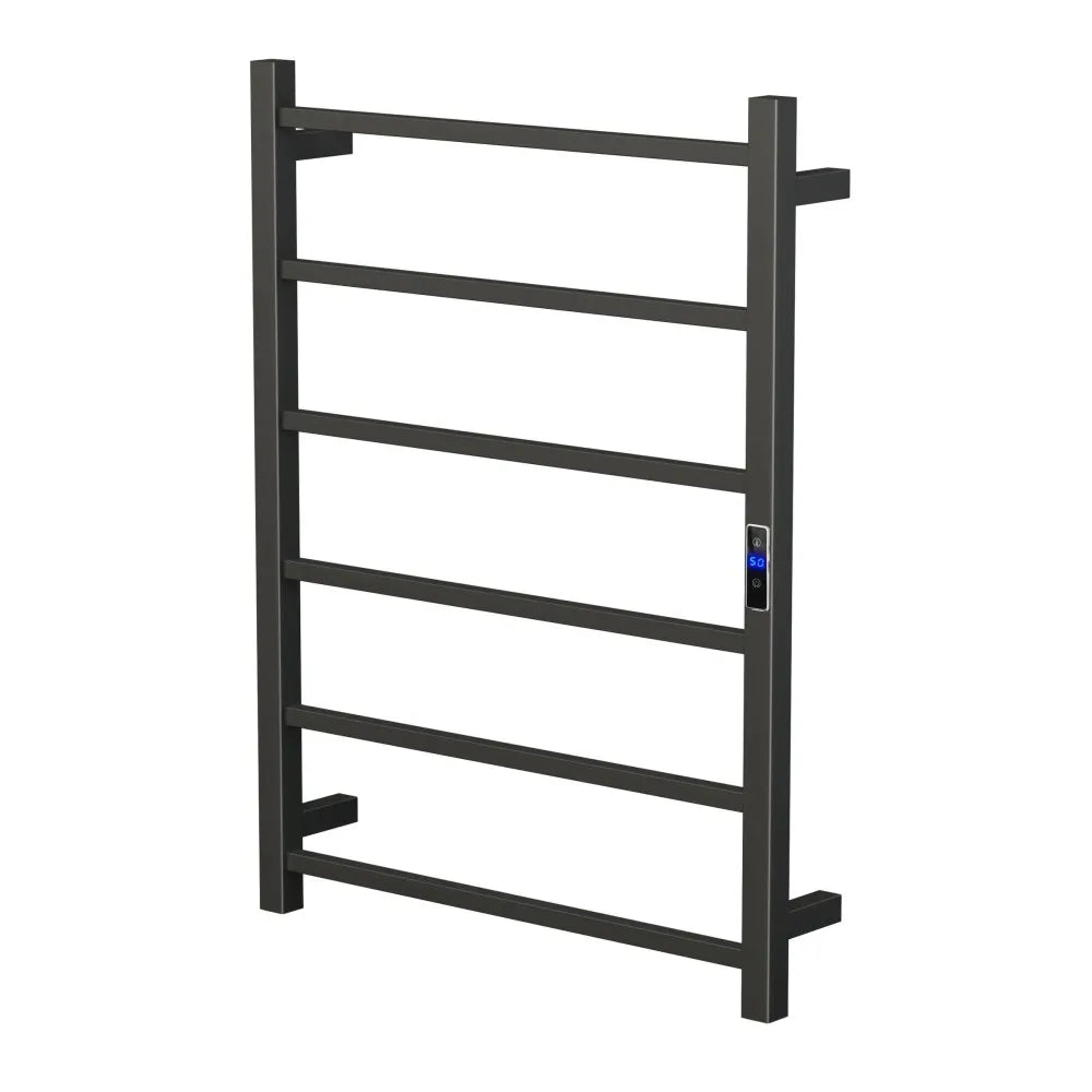 Silver/Black 6-Bar Square Stainless Steel Heated Towel Rail, 400Wx800Hx110D Timer & Temp Control