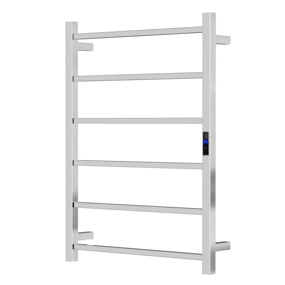 Silver/Black 6-Bar Square Stainless Steel Heated Towel Rail, 400Wx800Hx110D Timer & Temp Control