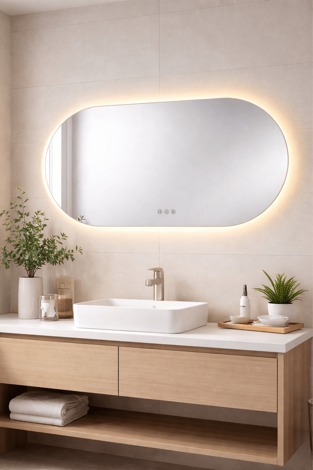 1200x600mm Backlit Led Mirror Oblong Racetrack Motion Sensor Demister Touch Sensor Switch