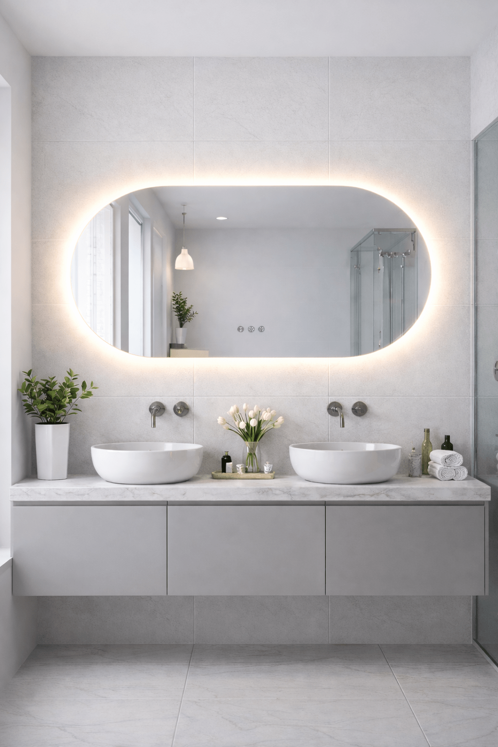 1200x600mm Backlit Led Mirror Oblong Racetrack Motion Sensor Demister Touch Sensor Switch