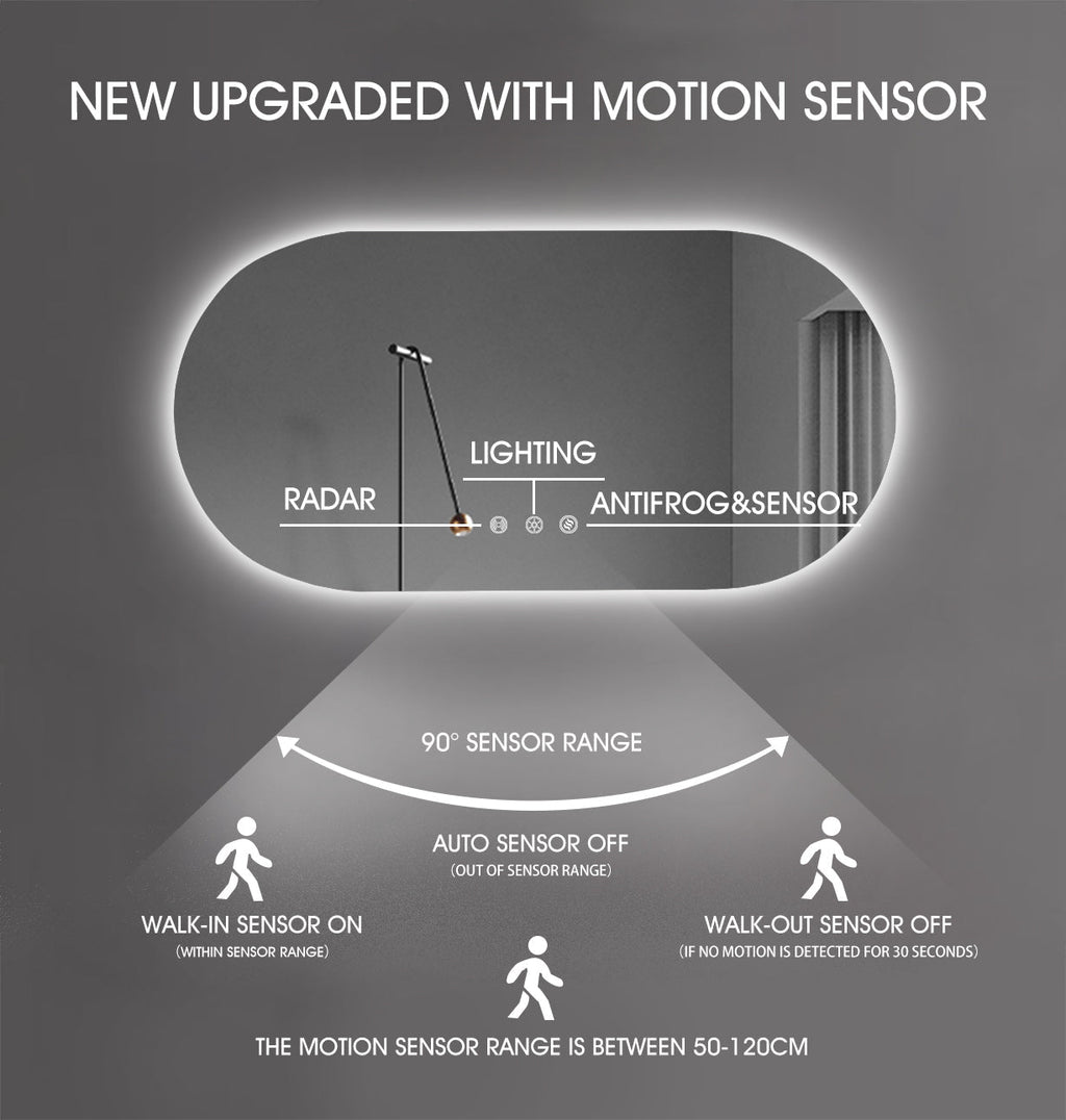 1200x600mm Backlit Led Mirror Oblong Racetrack Motion Sensor Demister Touch Sensor Switch
