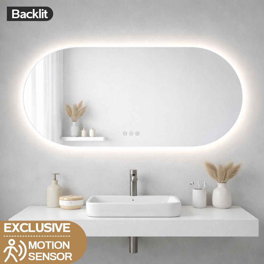1200x600mm Backlit Led Mirror Oblong Racetrack Motion Sensor Demister Touch Sensor Switch