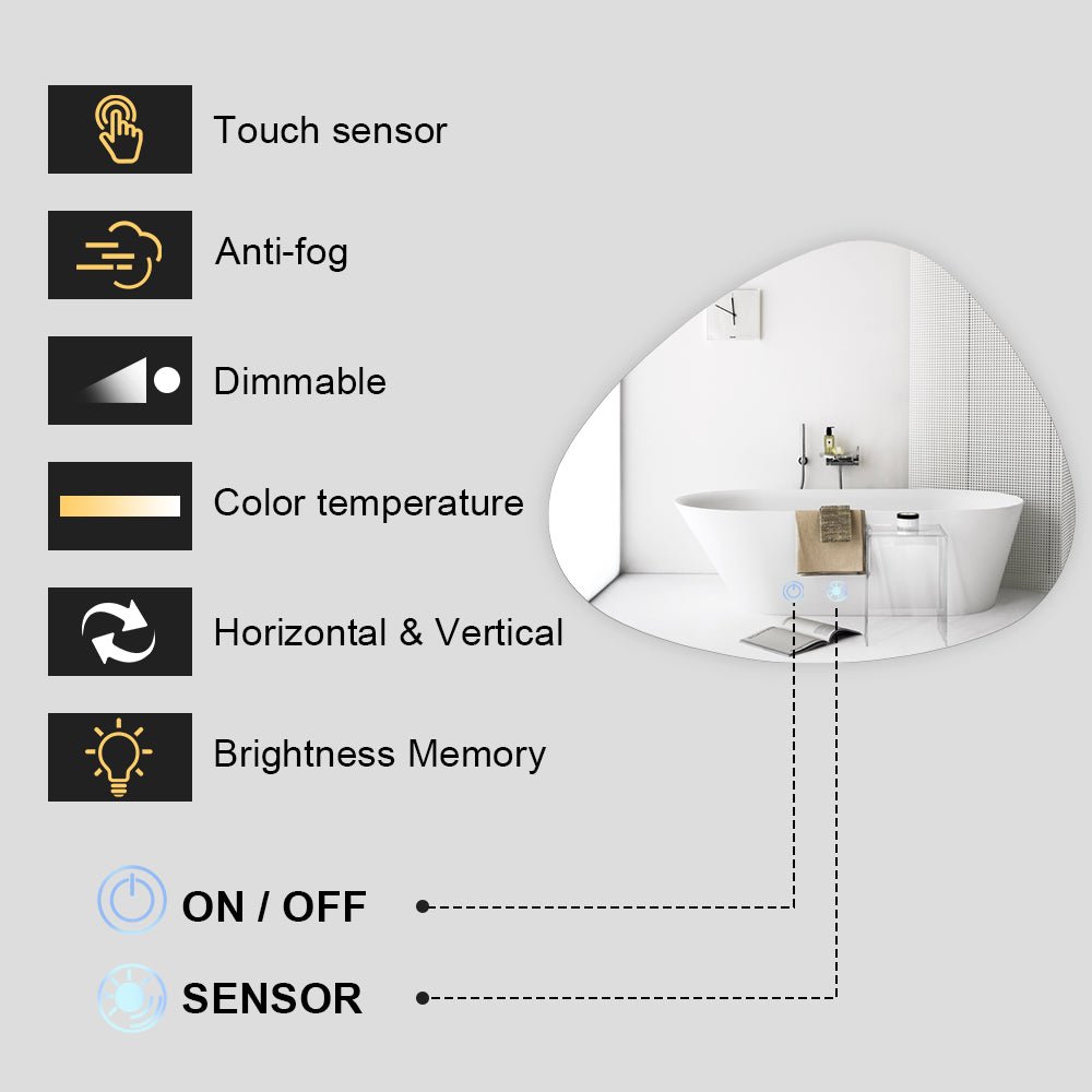 1210x990mm Special LED Wall Mirror with Motion Sensor Auto On Demister Touch Switch 3 Colours Lighting on 20mm Rim