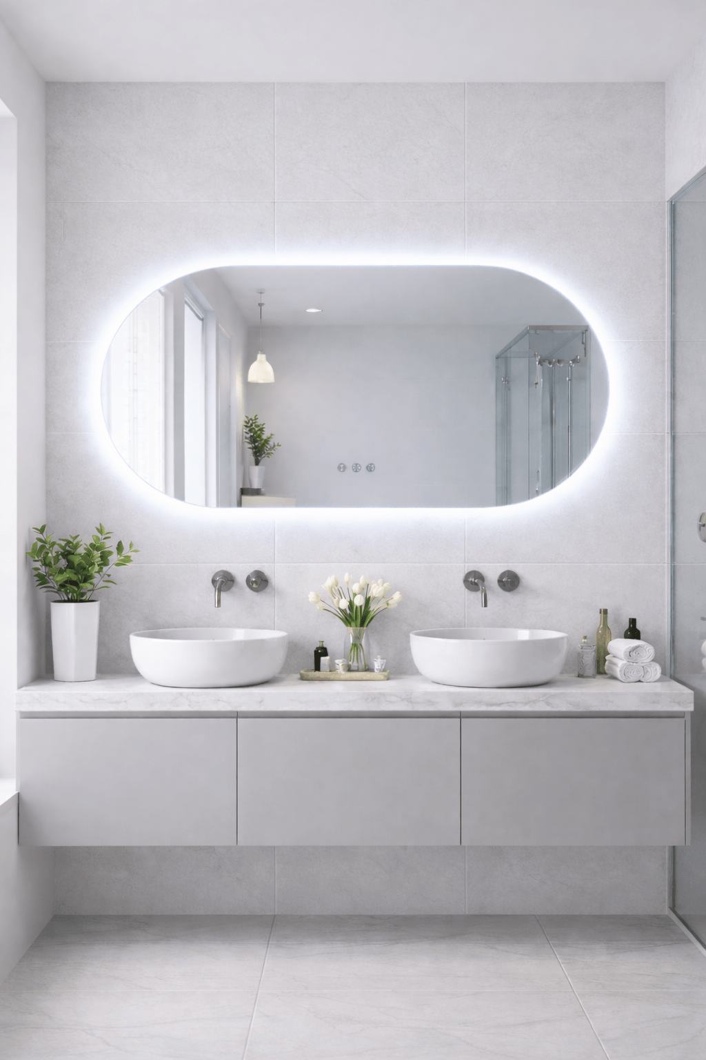 1500x750mm Backlit Led Mirror Oblong Racetrack Motion Sensor Demister Touch Sensor Switch