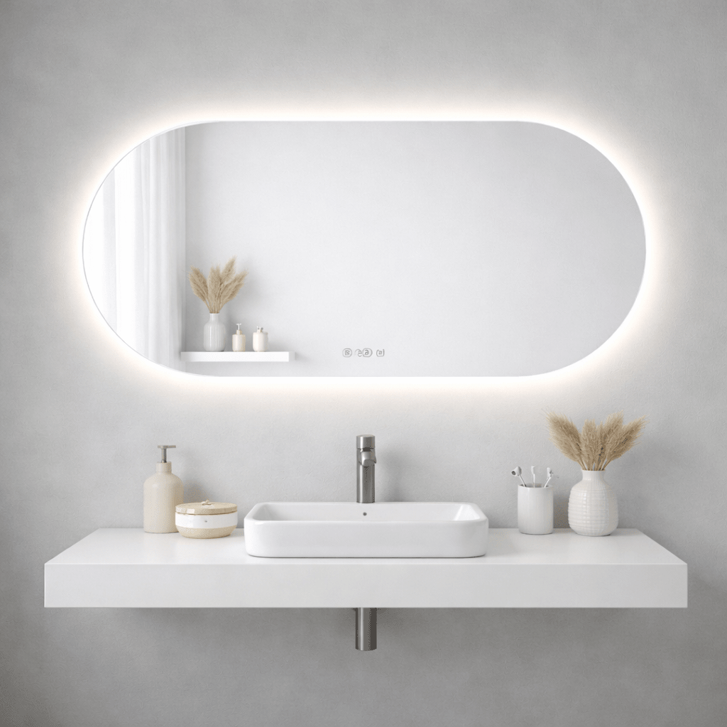 1500x750mm Backlit Led Mirror Oblong Racetrack Motion Sensor Demister Touch Sensor Switch