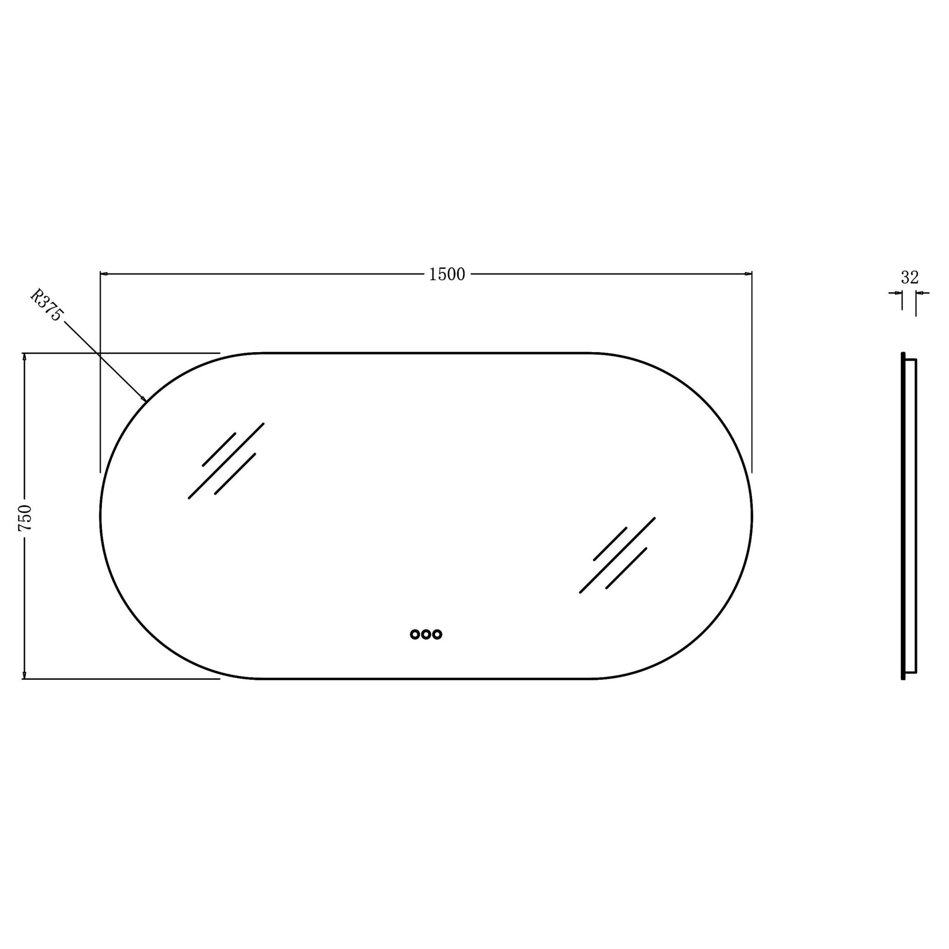 1500x750mm Backlit Led Mirror Oblong Racetrack Motion Sensor Demister Touch Sensor Switch