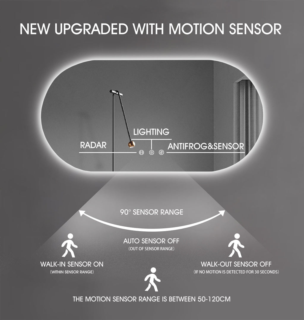 1500x750mm Backlit Led Mirror Oblong Racetrack Motion Sensor Demister Touch Sensor Switch