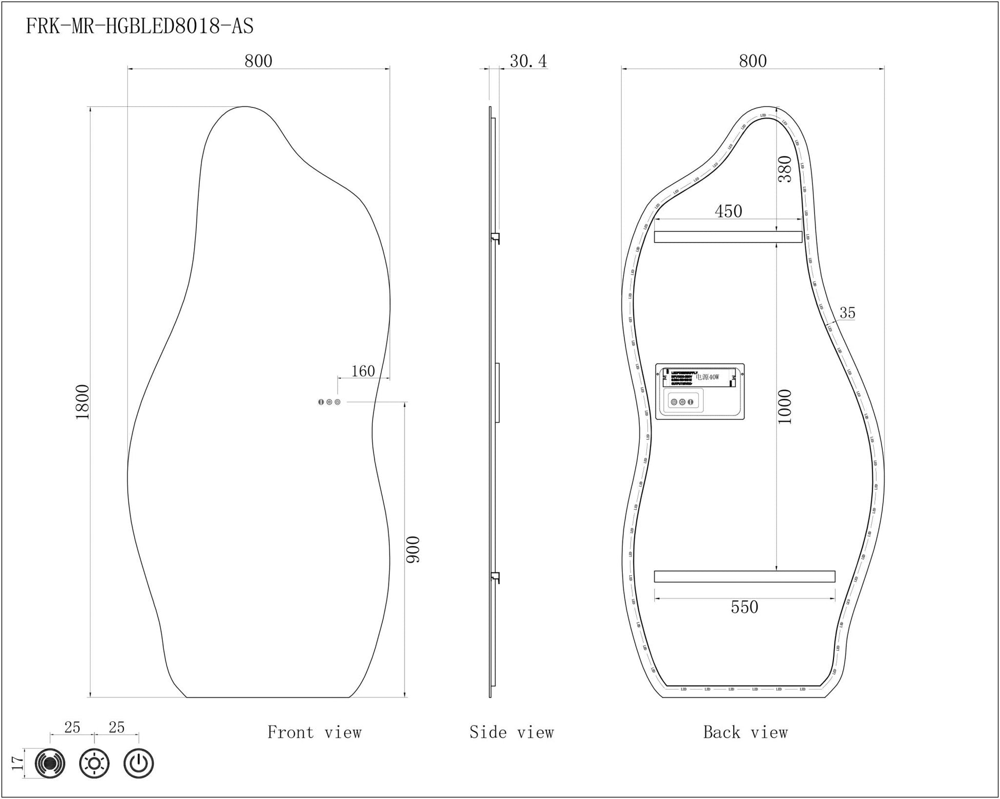1800x800mm Irregular Backlit Frameless Wall-mounted LED Full Length Mirror with Motion Sensor