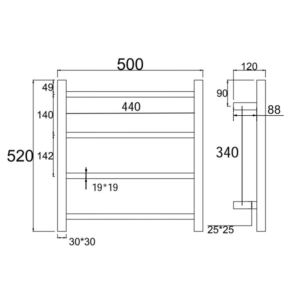 520Hx500Wx120D mm Square Gold Electric Heated Towel Rail 4 Bars