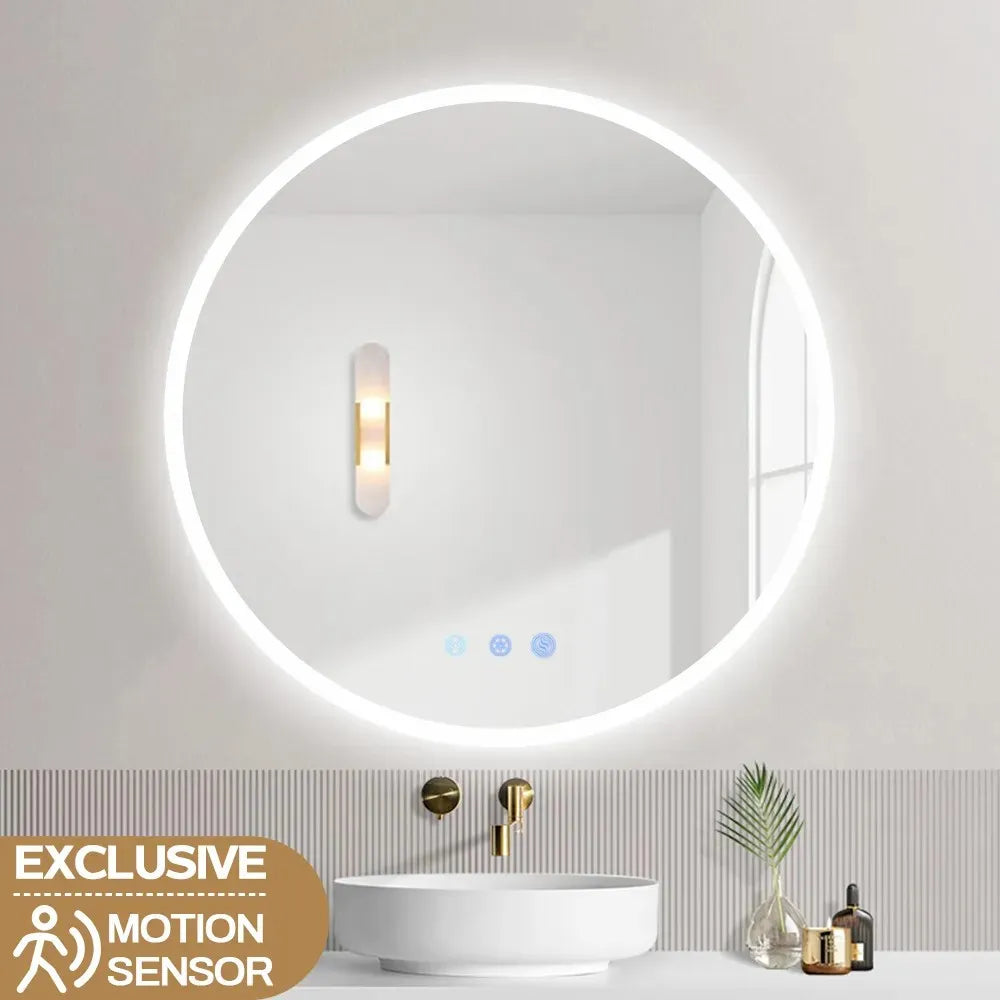 600mm Round LED Wall Mirror with Dimister Touch Switch 3 Colours Lighting on 20mm Rim