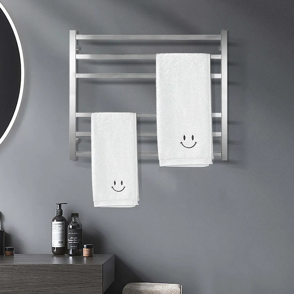 Silver/Black 6-Bar Square Stainless Steel Heated Towel Rack, 850×600×120mm 70W