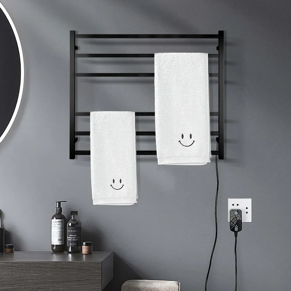 Silver/Black 6-Bar Square Stainless Steel Heated Towel Rack, 850×600×120mm 70W