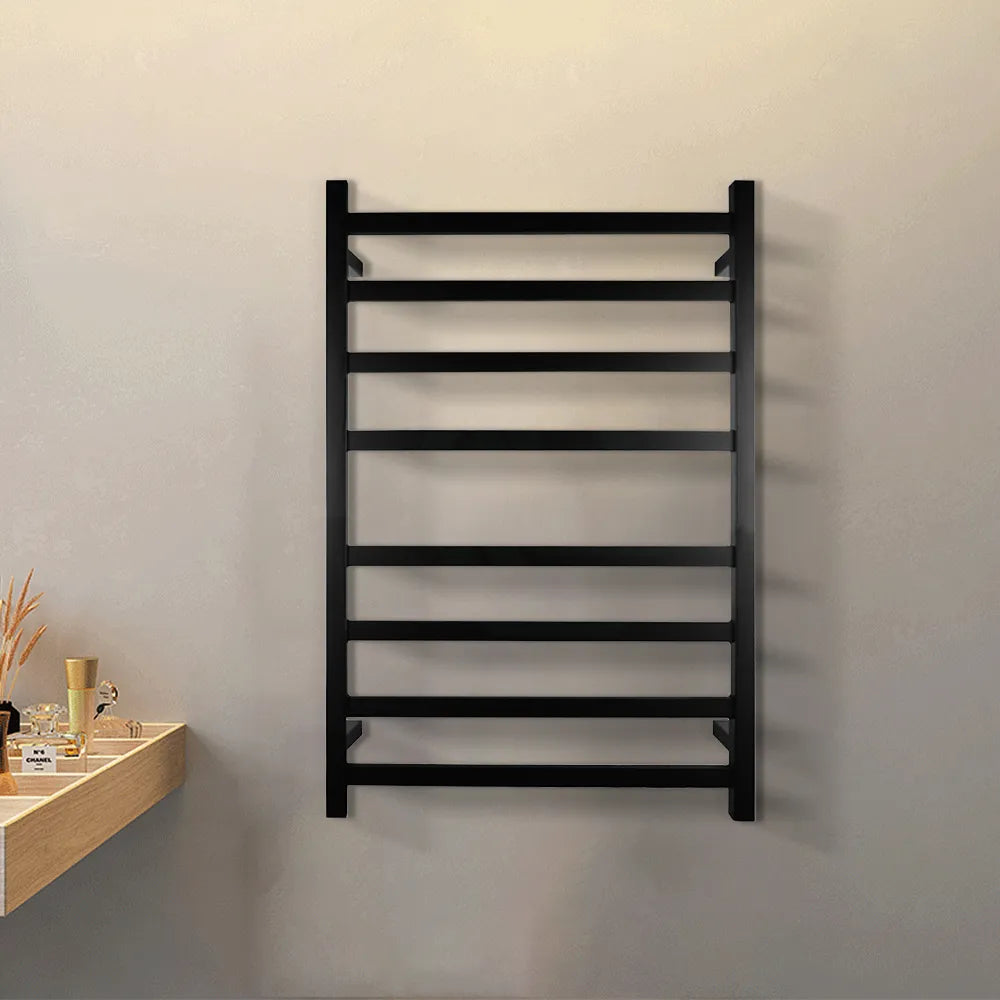 Silver/Black 8-Bar Square Stainless Steel Heated Towel Rack, 620×912×120 mm, 70W