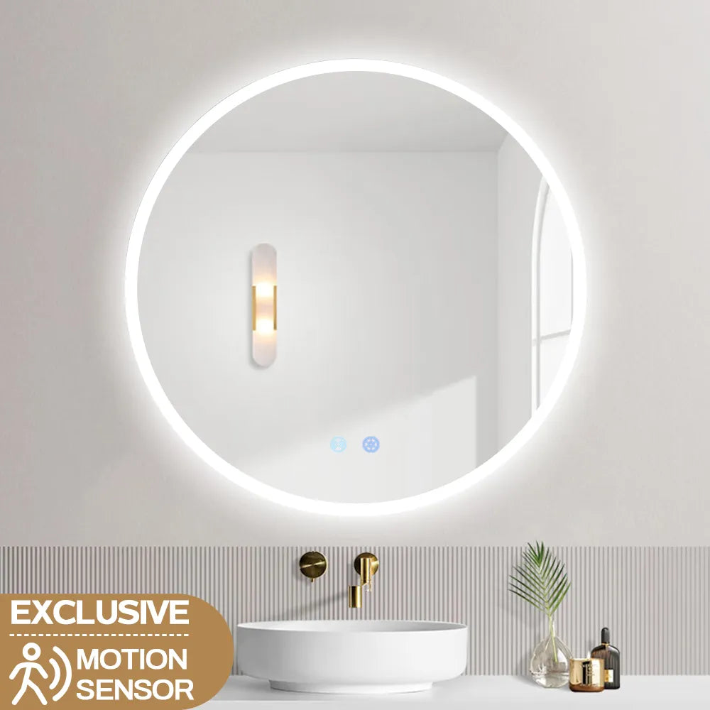 700mm Round LED Wall Mirror with Dimister Touch Switch 3 Colours Lighting on 20mm Rim