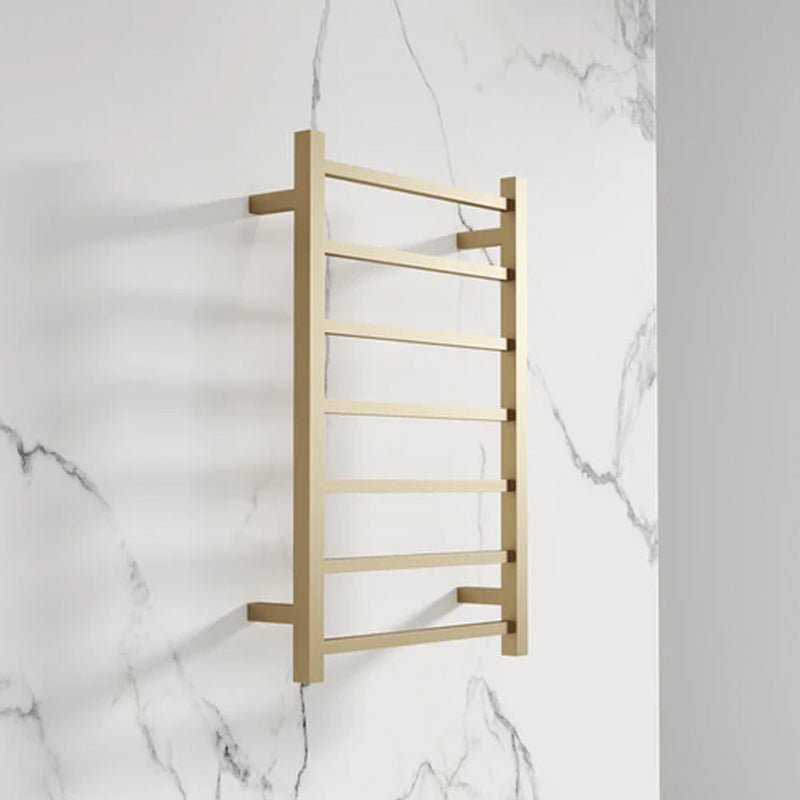 750Hx500Wx120D mm Square Brushed Yellow Gold Heated Towel Rail 7 Bars