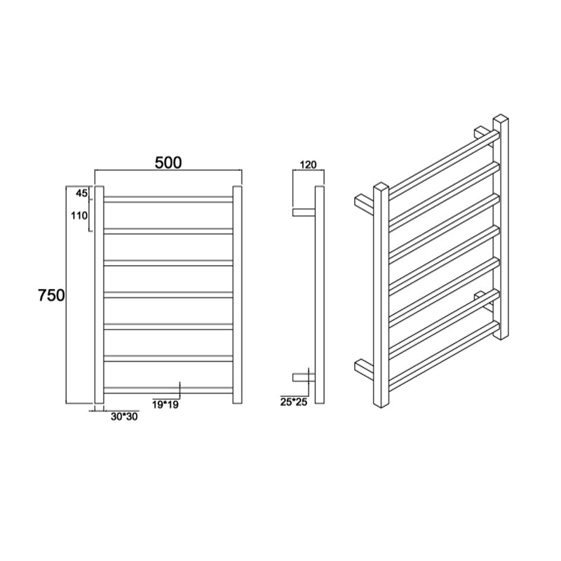 750Hx500Wx120D mm Square Brushed Yellow Gold Heated Towel Rail 7 Bars