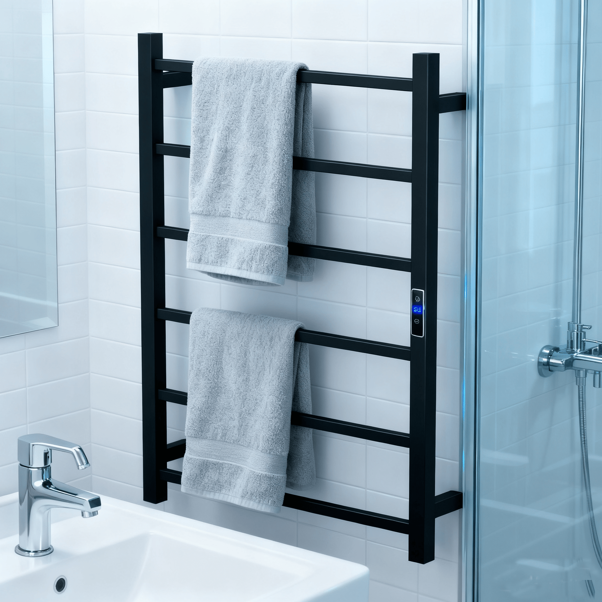 800Hx400Wx110D mm Square Matte Black Heated Towel Rail With Timer 6 Bars