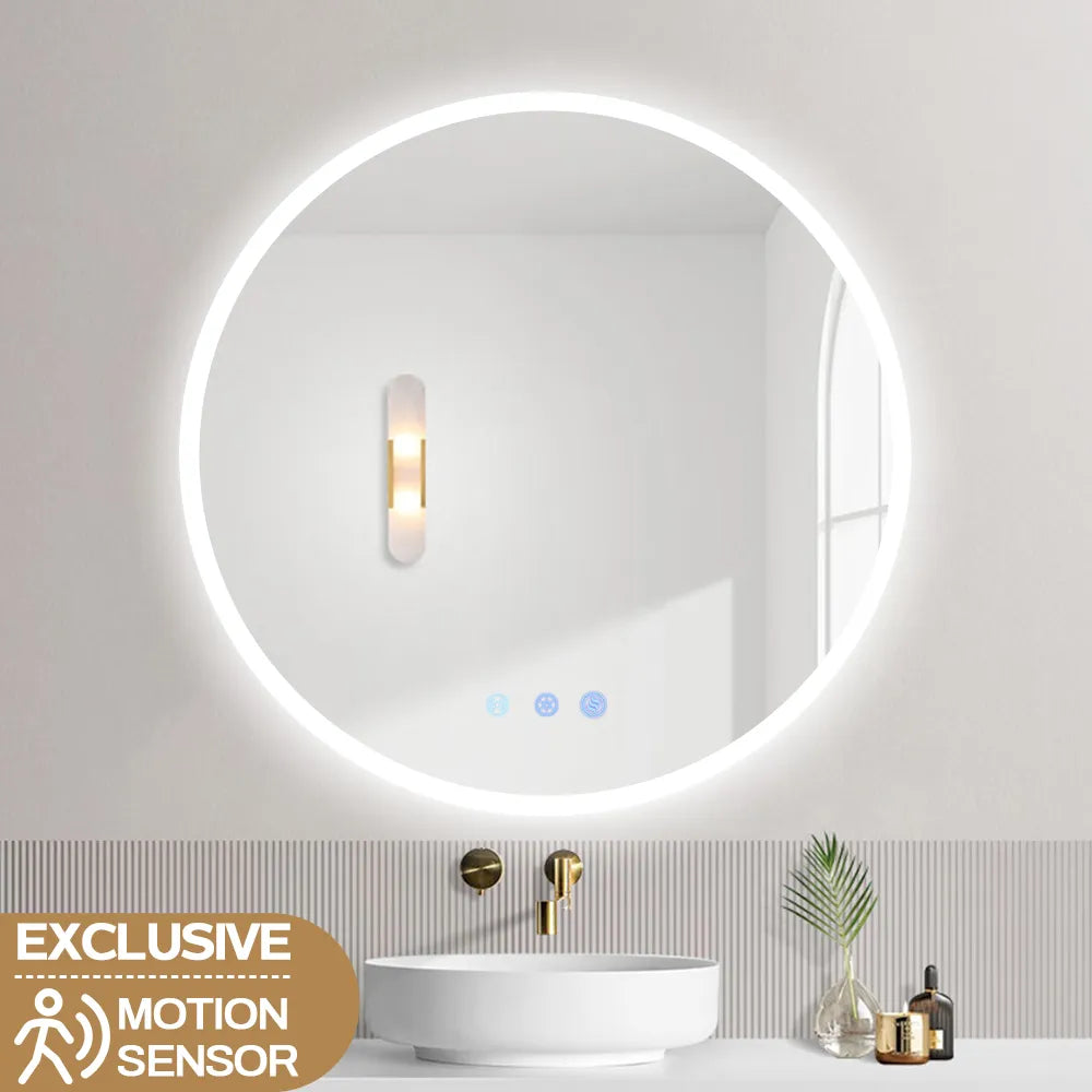 900mm Round LED Wall Mirror with Dimister Touch Switch 3 Colours Lighting on 20mm Rim