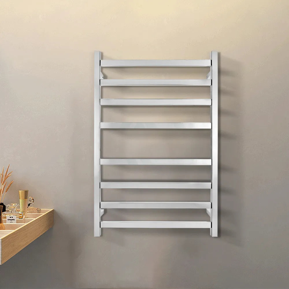 Silver/Black 8-Bar Square Stainless Steel Heated Towel Rack, 620×912×120 mm, 70W