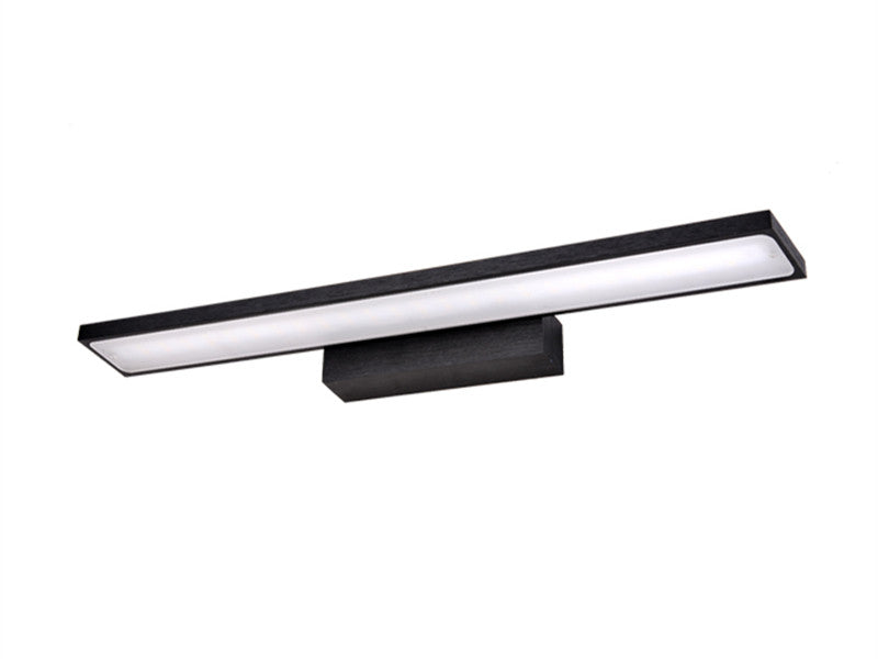 Modern wall-mounted light fixture with black frame and white LED strip on a white background