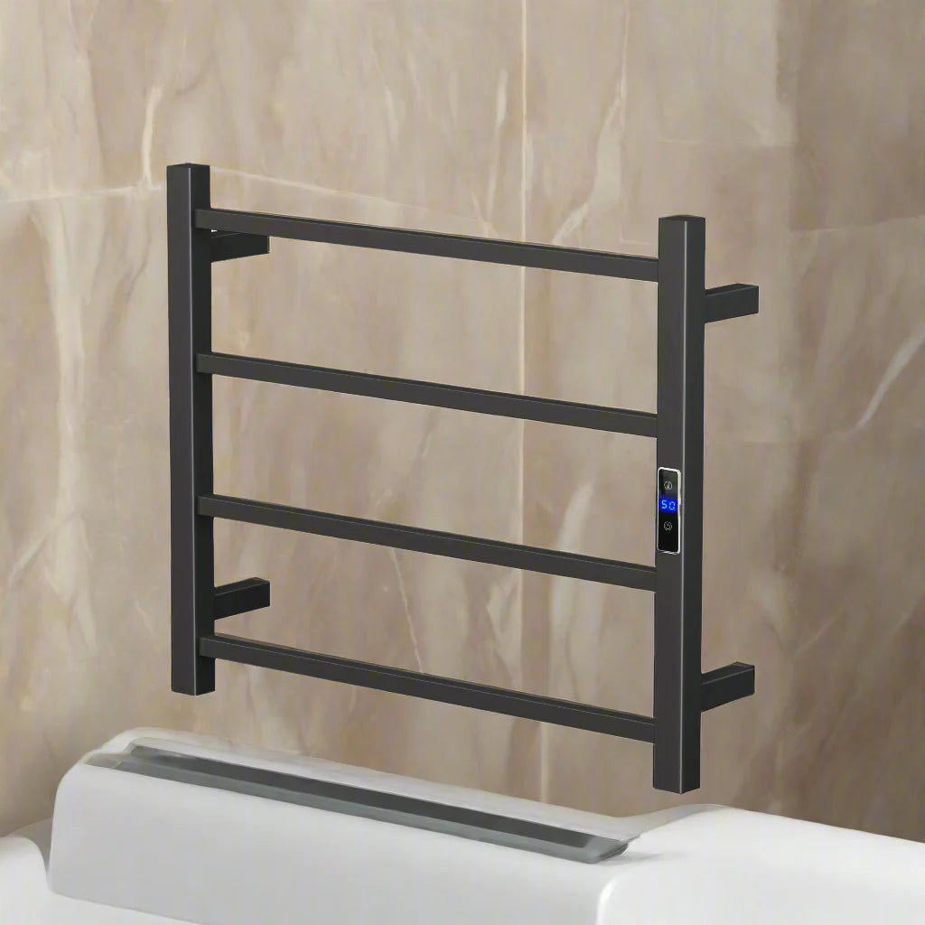 Silver/Black/Gun Metal 4-Bar Square Stainless Steel Heated Towel Rail, 600Wx500Hx110D Timer & Temp Control