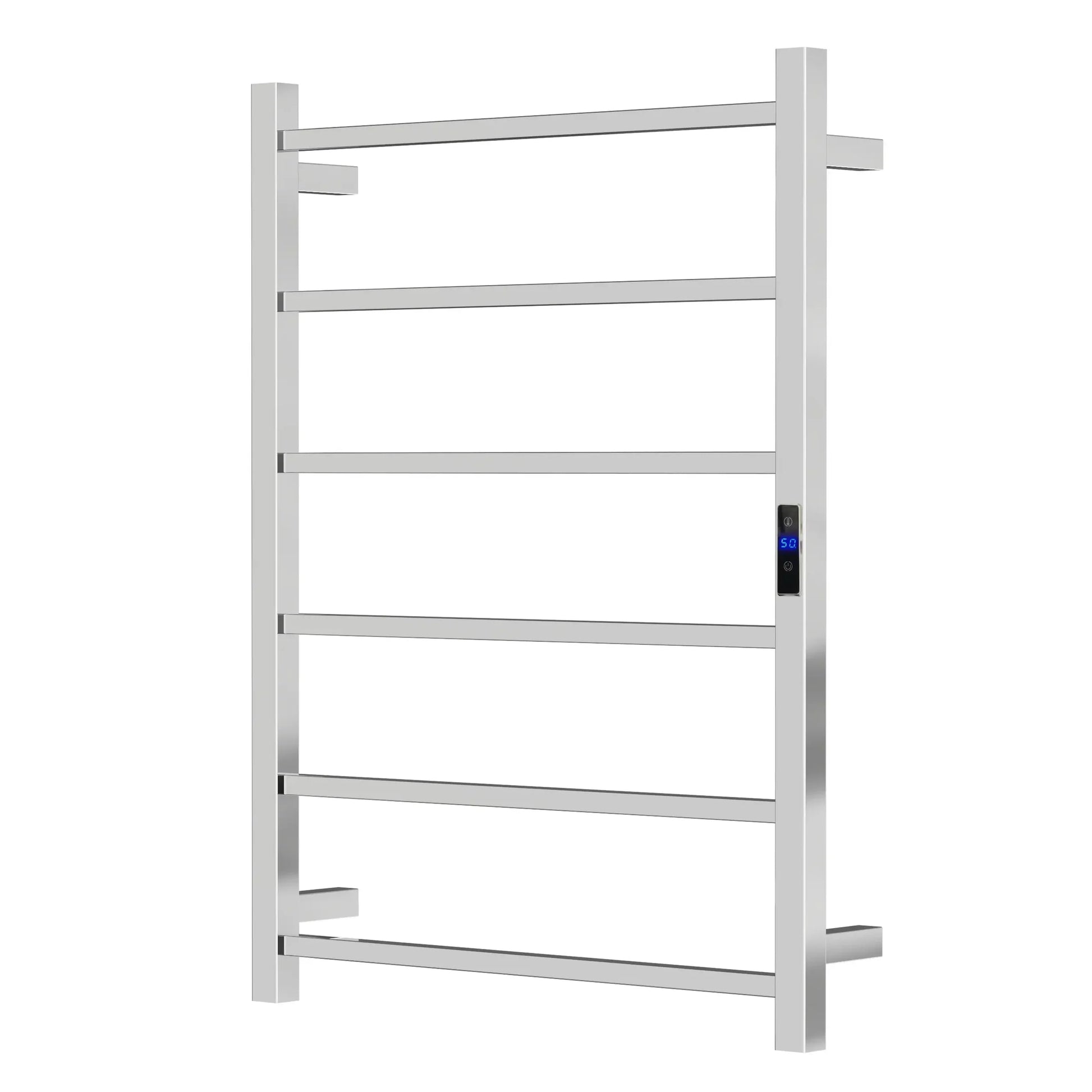 Silver/Black/Gun Metal 6-Bar Square Stainless Steel Heated Towel Rail, 600Wx800Hx110D Timer & Temp Control