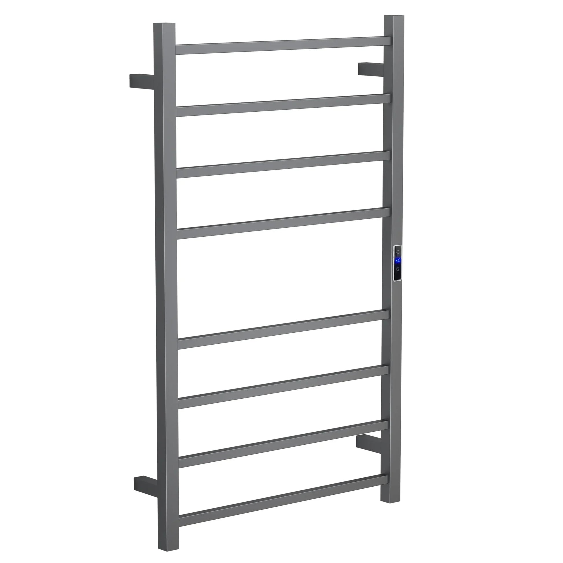 Silver/Black/Gun Metal 8-Bar Square Stainless Steel Heated Towel Rail, 600Wx1000Hx110D Timer & Temp Control