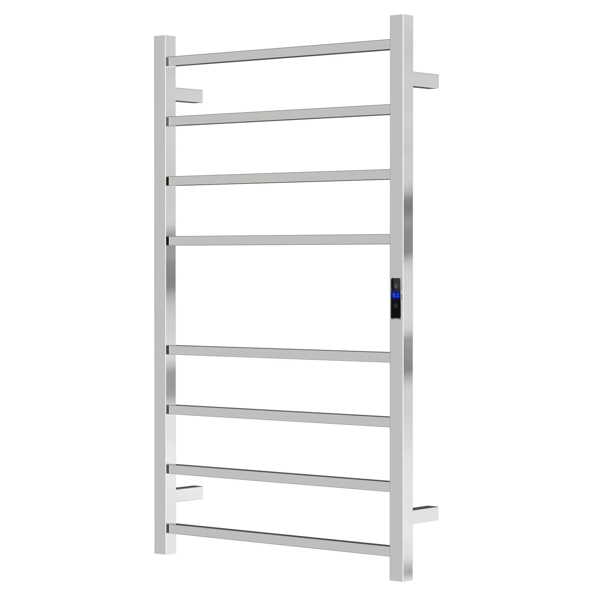 Silver/Black/Gun Metal 8-Bar Square Stainless Steel Heated Towel Rail, 600Wx1000Hx110D Timer & Temp Control