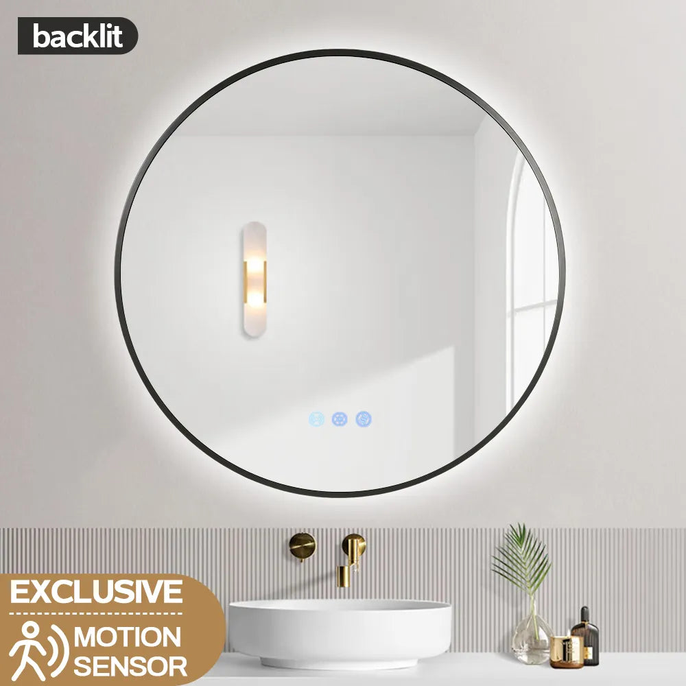 700mm Backlit Yellow Gold/Gunmetal Grey Frame Round LED Mirror with Motion Sensor Auto On