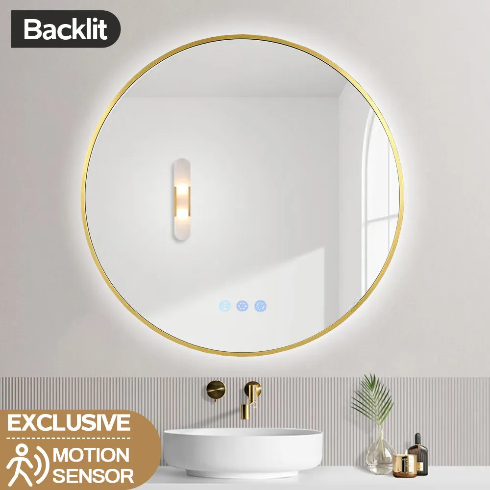 700mm Backlit Yellow Gold/Gunmetal Grey Frame Round LED Mirror with Motion Sensor Auto On