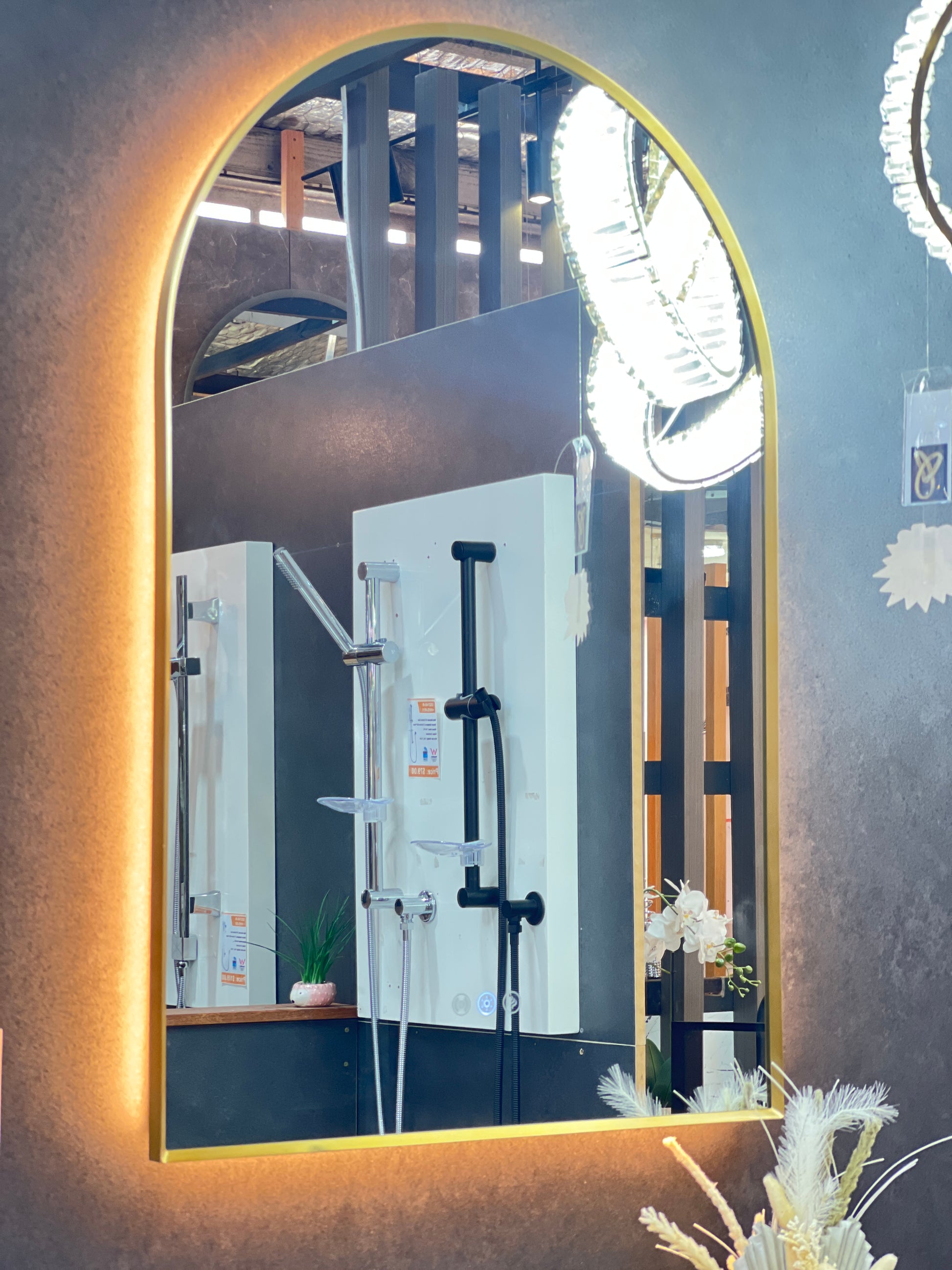 Backlit Brushed Yellow Gold Frame Arched LED Wall Mirror ABLED6090YG-S
