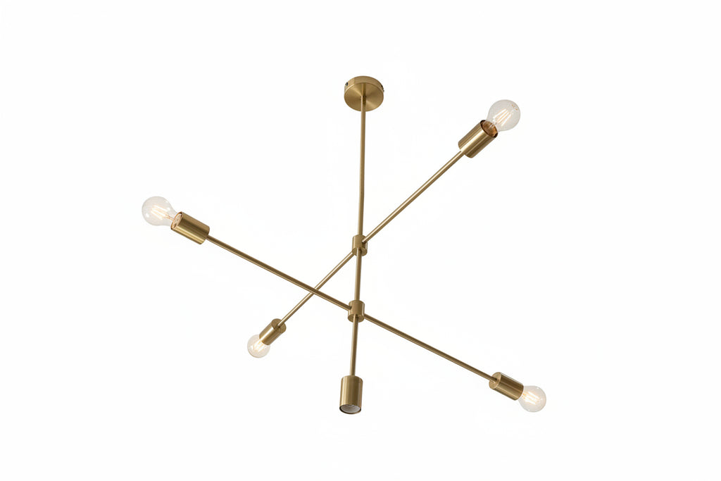 Modern chandelier with multiple light bulbs hanging from a ceiling.