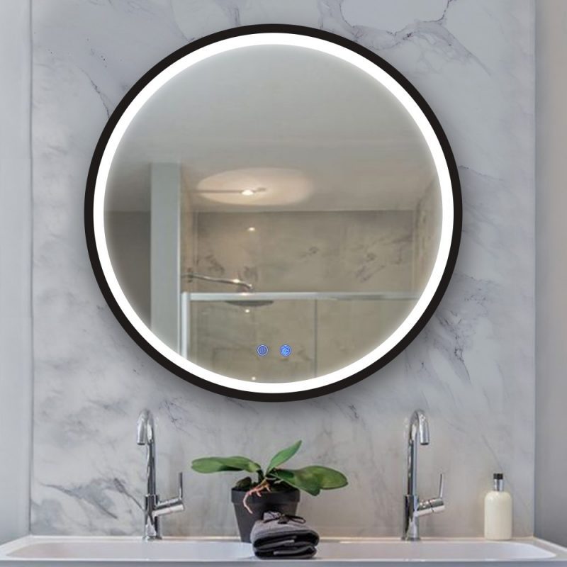 black framed led mirror round dimmable