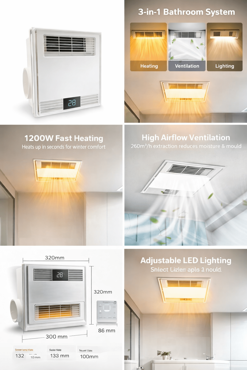 3-in-1 Bathroom Heater Fan Light | 1200W Heating + Exhaust + LED Light | Ceiling Mounted 320mm