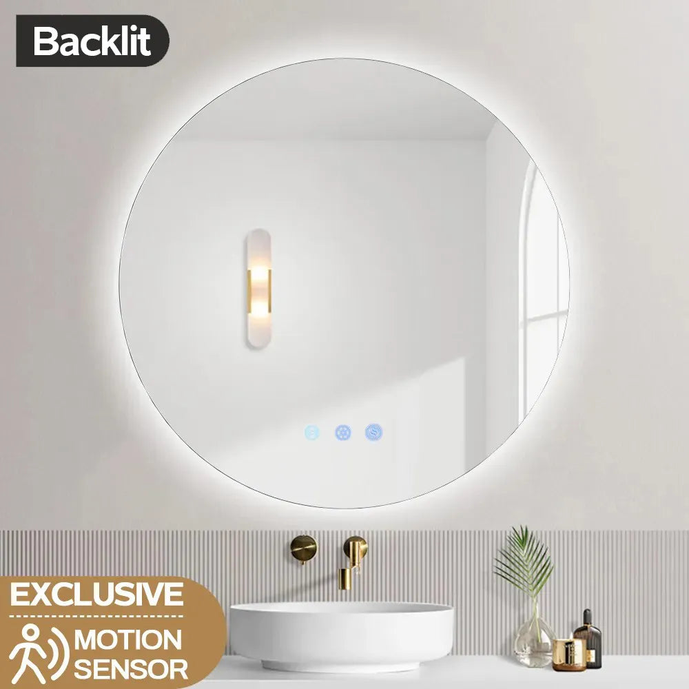 600x600mm Round LED Mirror with Demister Backlit Touch Switch 3 Colours Lighting Frameless