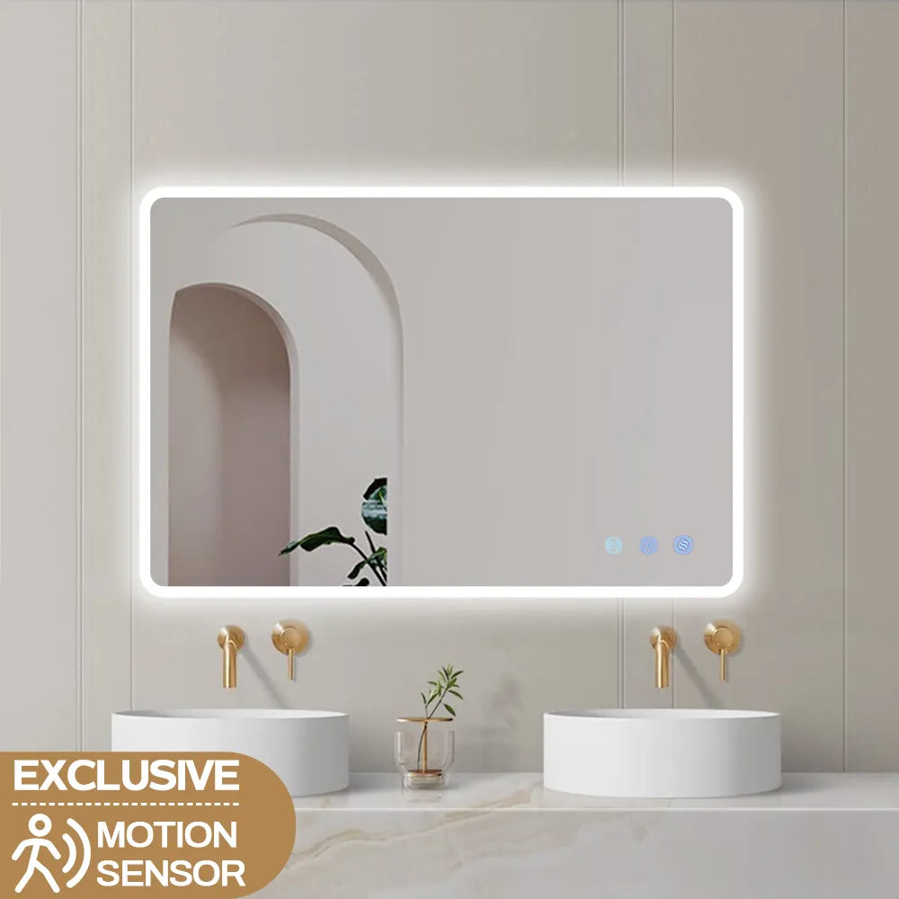 900*750 Rectangle LED Mirror with Motion Sensor And Demister Touch Switch 3 Colours Lighting