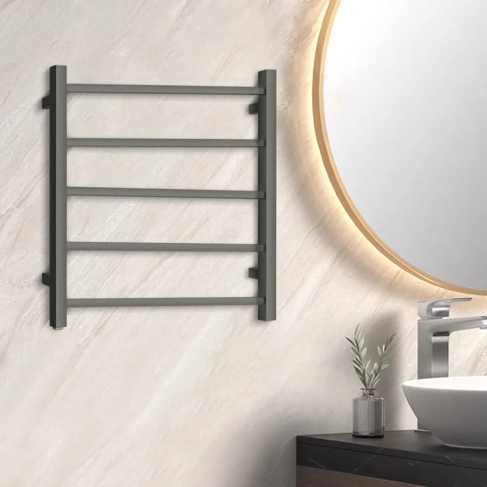 Silver/Black/Brushed Gold 5-Bar Square Stainless Steel Heated Towel Rack, 600×530×120mm 50W